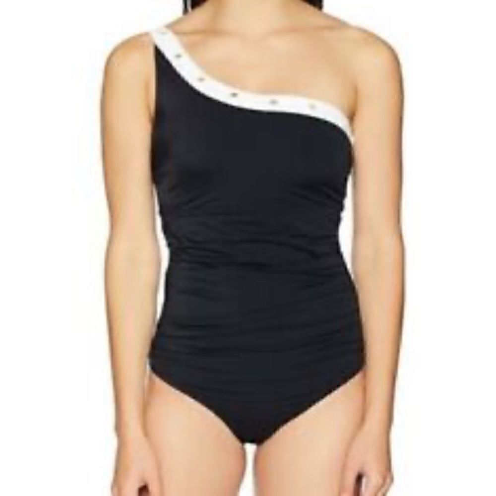 NEW Swimsuit Costal‎ Blue Black One Shoulder One Piece Slimming Size Medium 8/10
